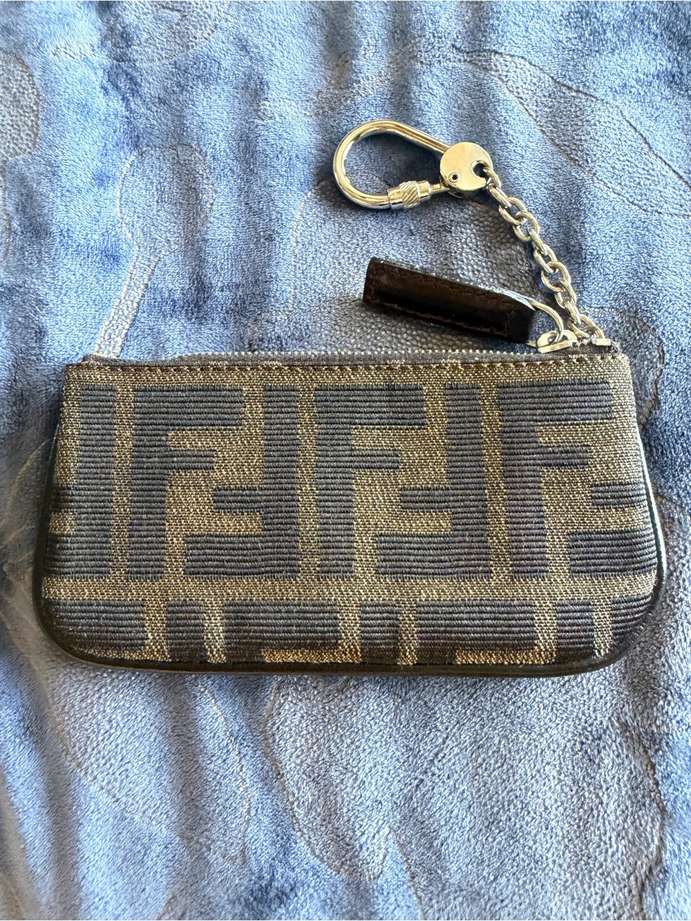 Authentic FENDI Designer Monogram Coin Zip Wallet Pouch in Black and Silver